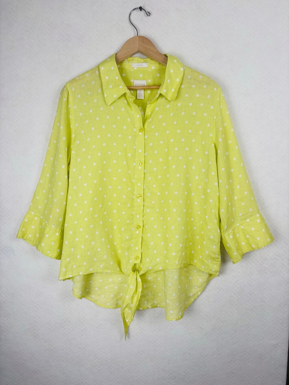 Chico’s 100% Linen Polka Dot Tie Front Shirt Lime Yellow White Sz 2 Large Resort